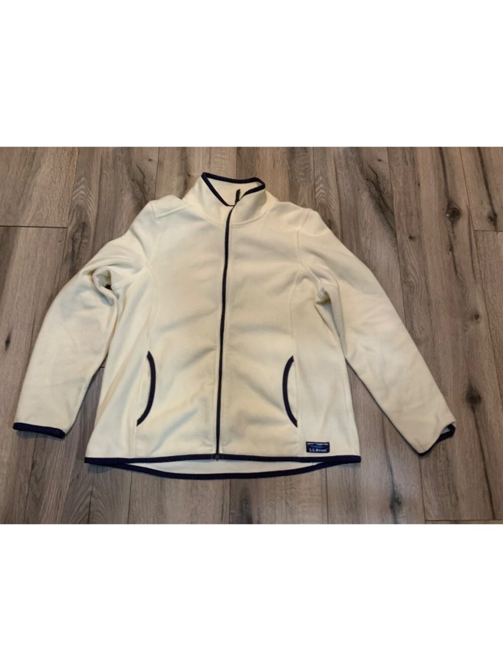 L.L. Bean Womens Petite Fleece Jacket Cream & Navy Full Zip Size L PET
